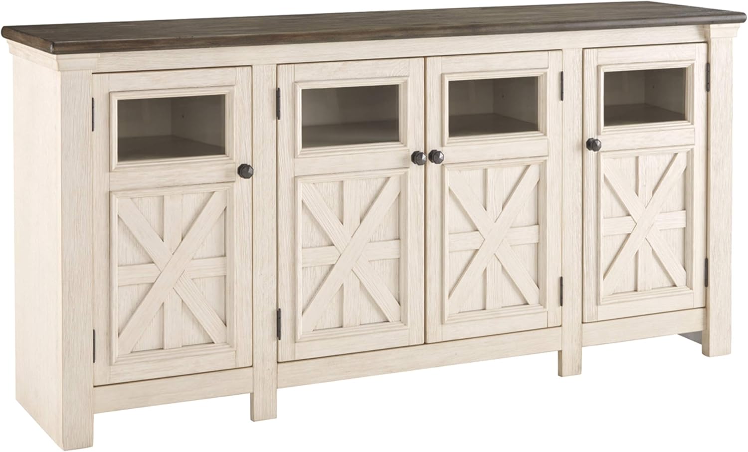 71k9nntEP8L._AC_SL1500_.jpg Signature Design by Extra Large TV Stand, Fits TVs up to 72", 3 Cabinets, Adjustable Storage Shelves, 74.13", Whitewash & 2-Tone Finish - Image 1