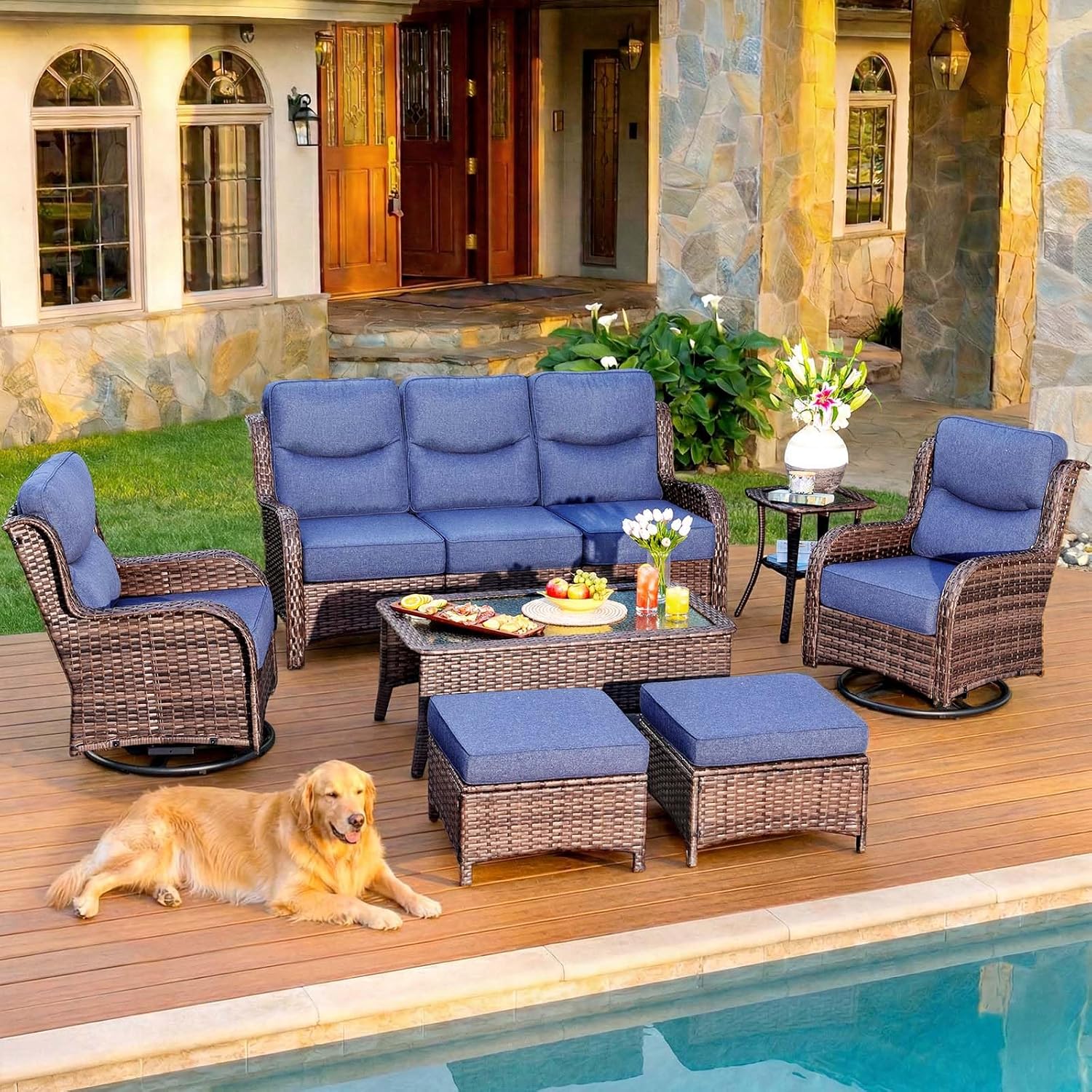 8102ABKwKL._AC_SL1500_.jpg 7-Piece Luxury Patio Furniture Set with 6" Thick Cushions, Weather-Resistant Wicker High Back Swivel Rocker Chairs, Senior-Friendly Outdoor Sofa Set for Large Deck, Yard and Poolside, Blue() - Image 1