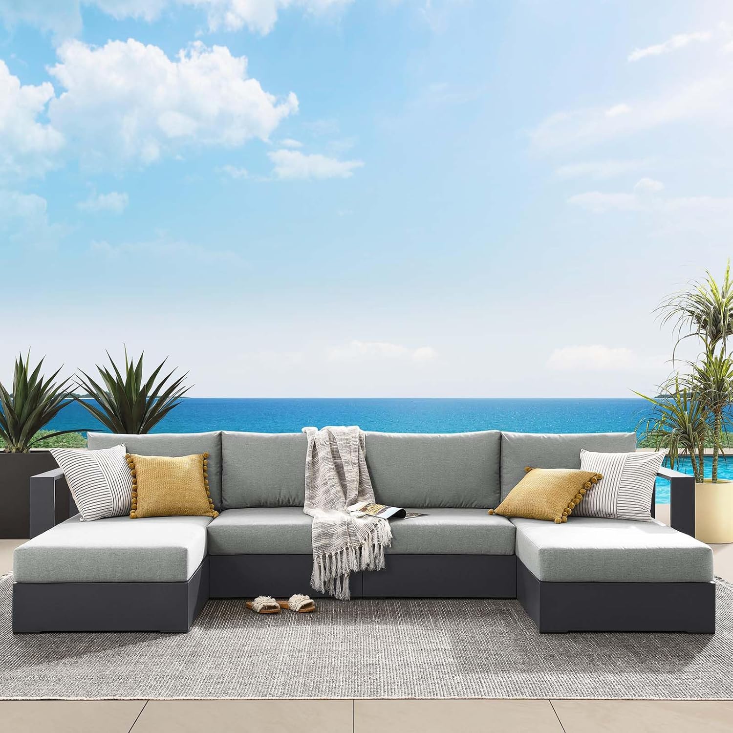 81D-YwvpVAL._AC_SL1500_.jpg Aluminum 4-Piece Outdoor Patio Furniture Gray, Modular Sectional Sofa Set with Chaise Lounges, Weather-Resistant Cushion, Ideal for Deck, Backyard, Poolside - Image 1