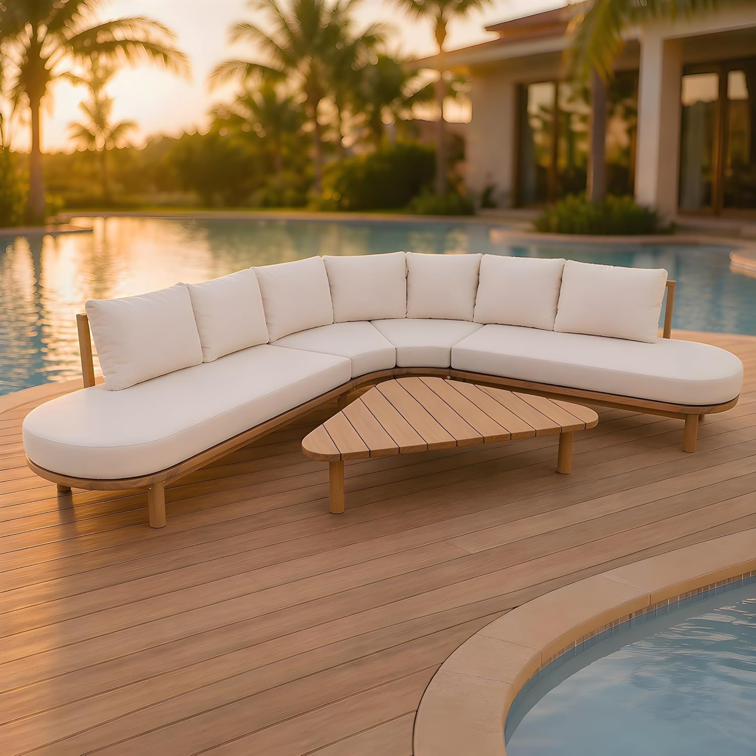81jGfTEwqaL._AC_SL1500_.jpg 118" Acacia Wood Outdoor Patio Furniture Set with Cushion, Outdoor Half Moon Curved Sectional Sofa Set with Coffee Table, Patio Sectional Sofa Set, Beige + Brown - Image 1