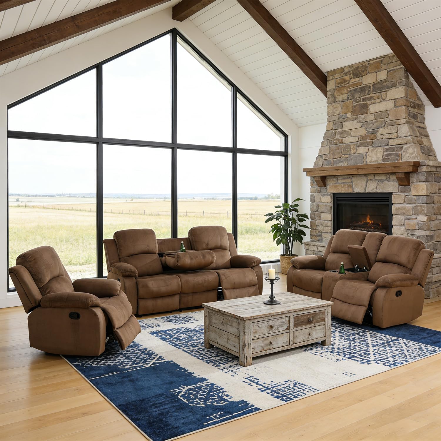 81m0ld0l5NL._AC_SL1500_.jpg Recliner Sofa Set,Manual Reclining Couch Set,Living Room Furniture Sets,Leather Couch with Drop Down Table/Storage Console/Cup Holder for Home/Apartment(Latte Velvet,Sofa+Loveseat+Chair) - Image 1