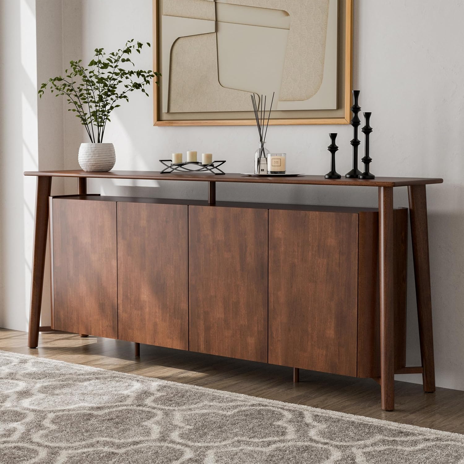 916OhuuNMAL._AC_SL1500_.jpg Mid-Century Modern Solid Wood 82.5-inch Sideboard Buffet Cabinet with Hidden Drawers, Credenzas for Living Room, Dining Room, Office, Rich Walnut - Image 1