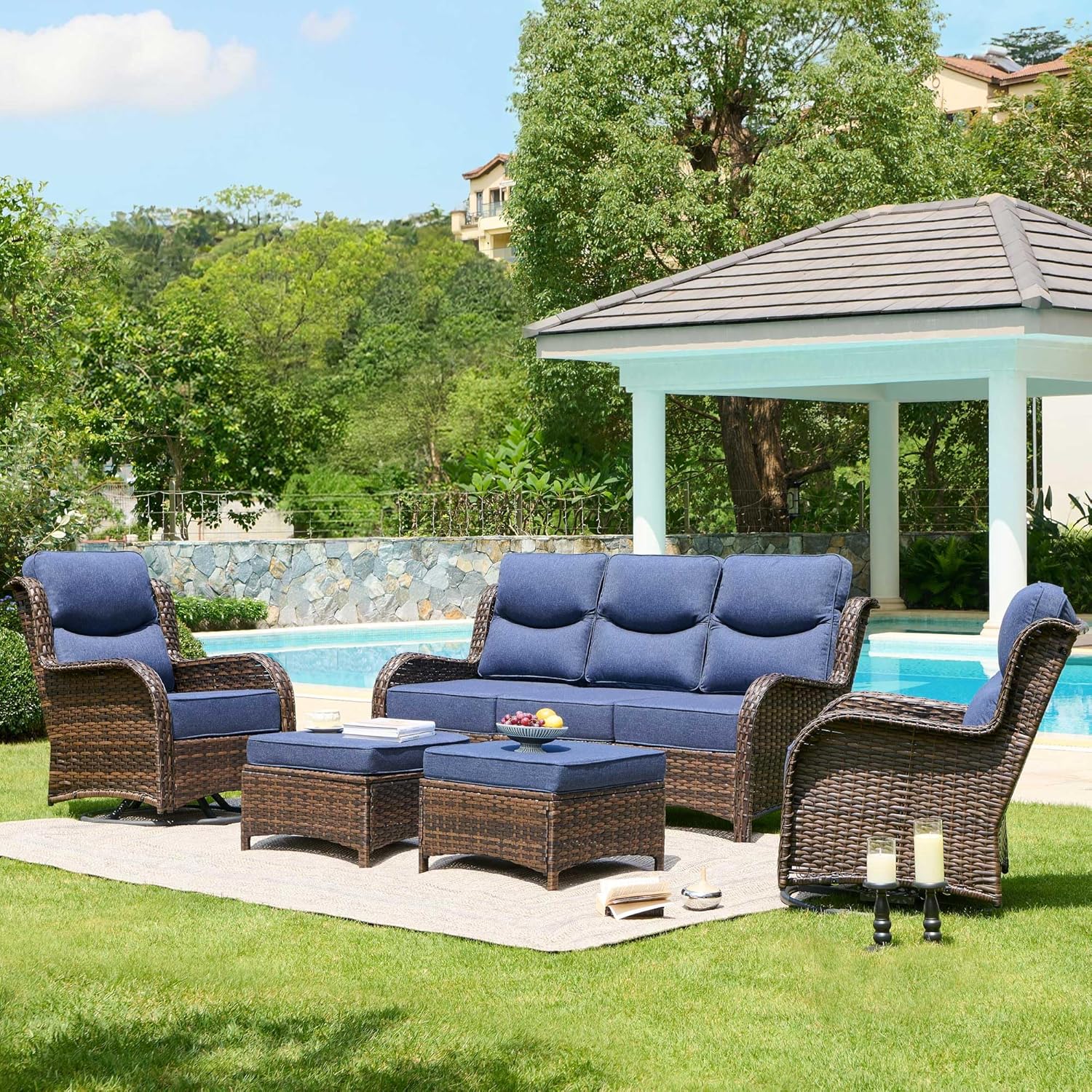 91EpSoT5X7L._AC_SL1500_.jpg Luxury High Back Patio Furniture Set with 6-Inch Thick Cushion, 5-Piece Outdoor Conversation Set with Sofa, Swivel Rocker Chairs & Ottomans, Ideal for Porch Pool Deck Yard (Blue) - Image 1