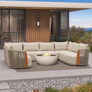 Patio Furniture Set 5 Pieces, Outdoor Sectional Sofa Set with Armchair, Patio Conversation Set, Outdoor Couch Furniture with  Cushions, Teak Armrests for Porch Deck Garden