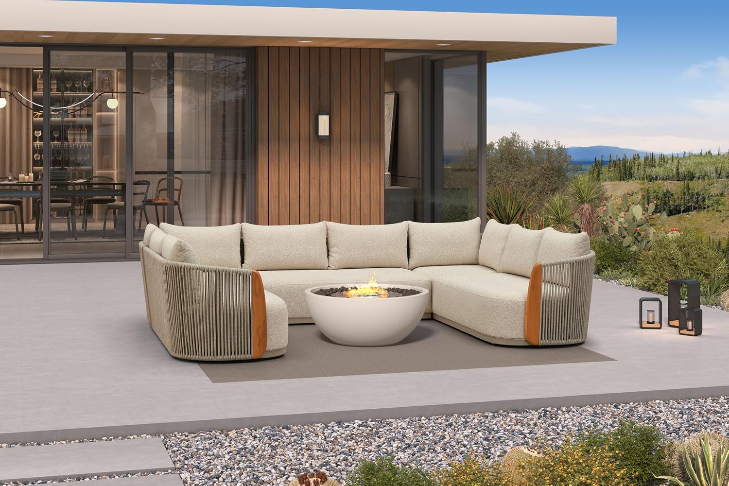 91HpV-ews1L._AC_SL1500_.jpg Patio Furniture Set 5 Pieces, Outdoor Sectional Sofa Set with Armchair, Patio Conversation Set, Outdoor Couch Furniture with Cushions, Teak Armrests for Porch Deck Garden - Image 1